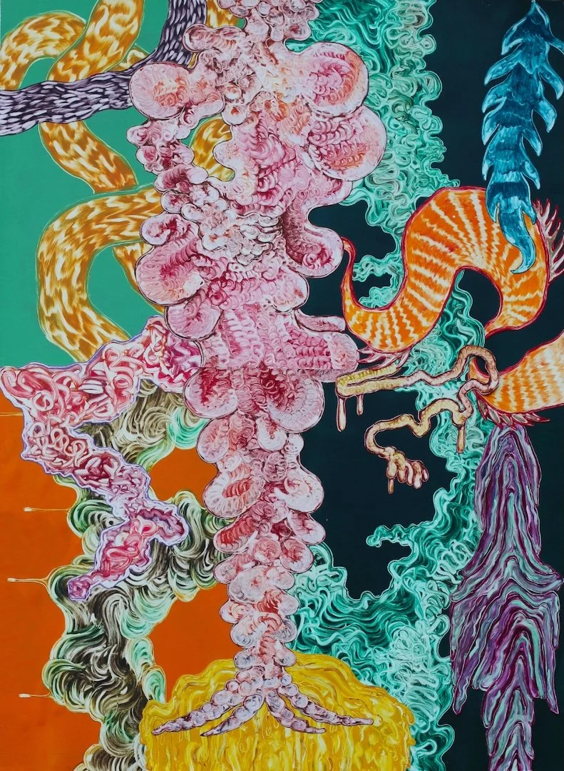 Sympoesis, 200 x 200cm, etching ink & oil collage, 2019 (title from Donna Haraway)