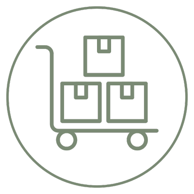 Line drawing of a hand truck with three moving boxes stacked on it, depicting that we also handle wholesale stone.