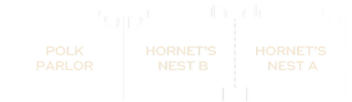 Black-and-white floor plan showing three connected meeting rooms labeled Parlor Polk, Hornet’s Nest B, and Hornet’s Nest A, with doorways and room divisions clearly outlined.
