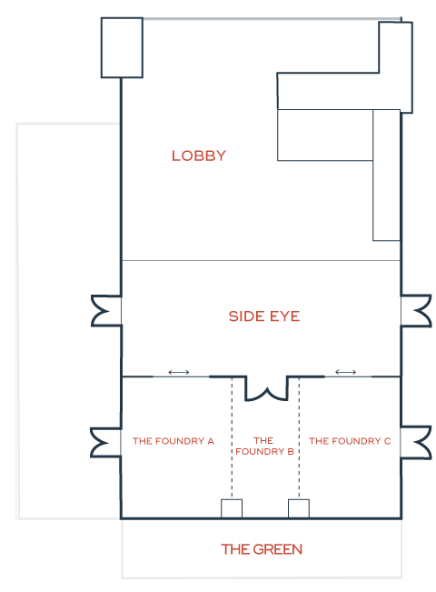 Floor plan of The Mecklen Hotel dining and lobby level showing the lobby, Side Eye restaurant, The Foundry A, B, and C event spaces, and outdoor area called The Green