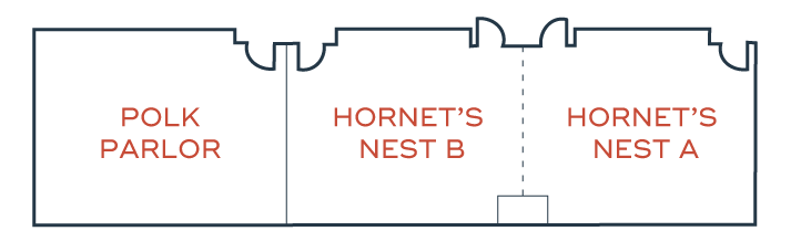 Floor plan of meeting rooms at The Mecklen Hotel showing Polk Parlor, Hornet’s Nest B, and Hornet’s Nest A event spaces.
