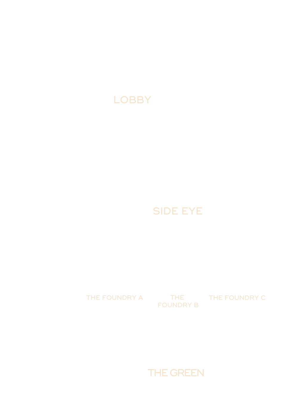 Floor plan showing the hotel layout with the Lobby at the top, Side Eye dining area in the center, and event space labeled The Foundry A, The Foundry B, The Foundry C below, leading to an outdoor area labeled The Green.
