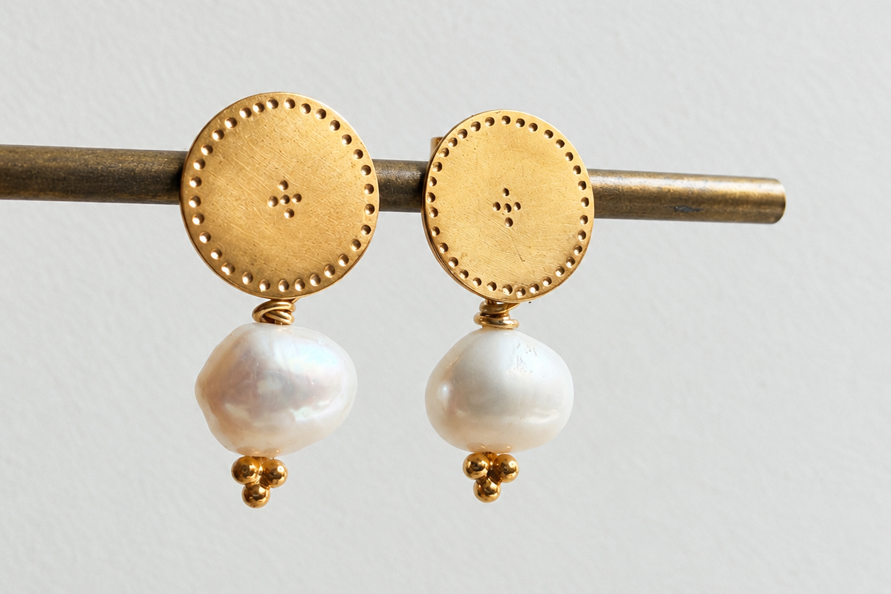 Pair 3 Belak gold vermeil discs with natural pearls hanging from earring stands