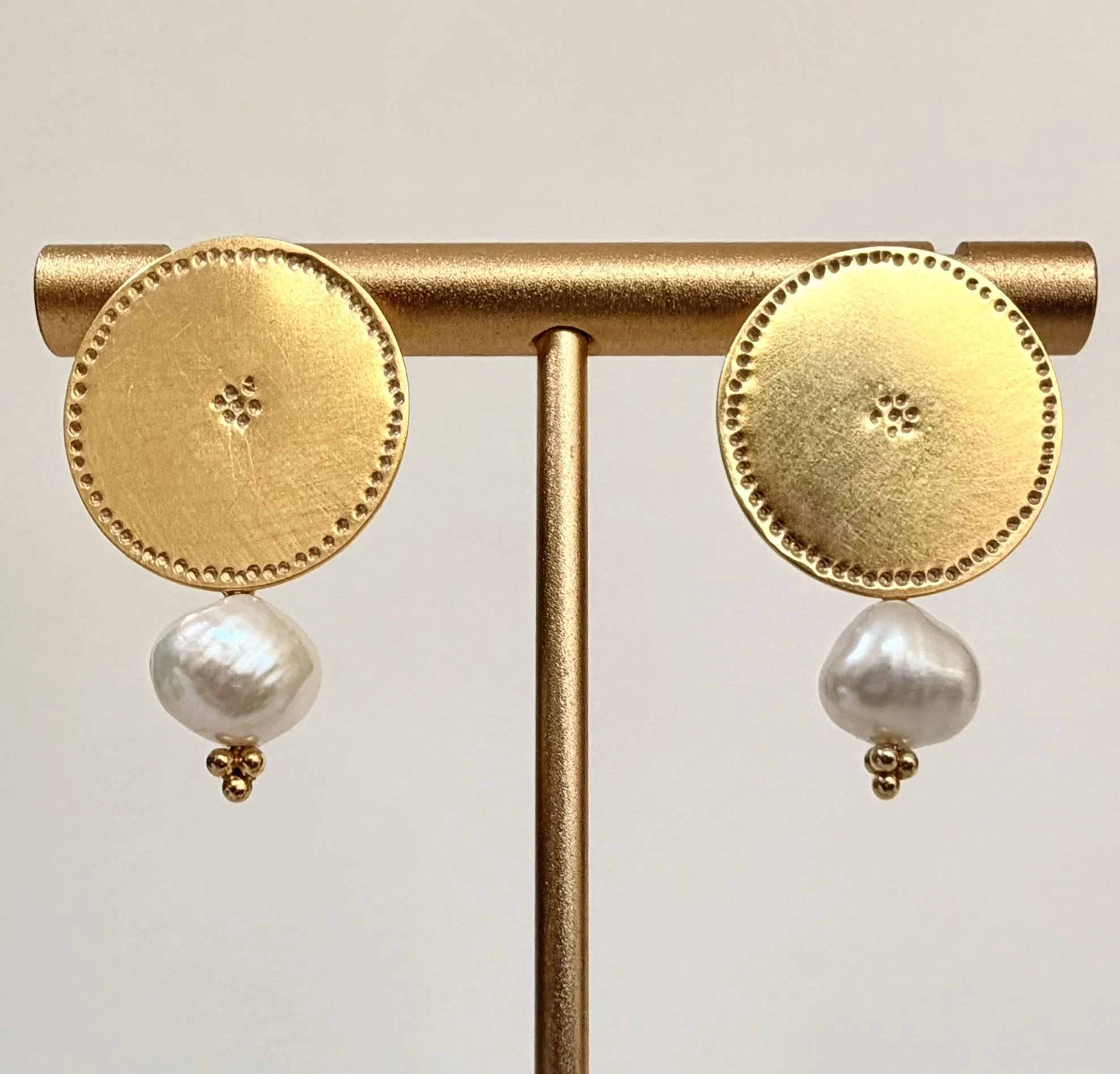 Pearl Belak Earrings with 2cm hand-marked gold vermeil discs and naturally shaped freshwater pearl drops.