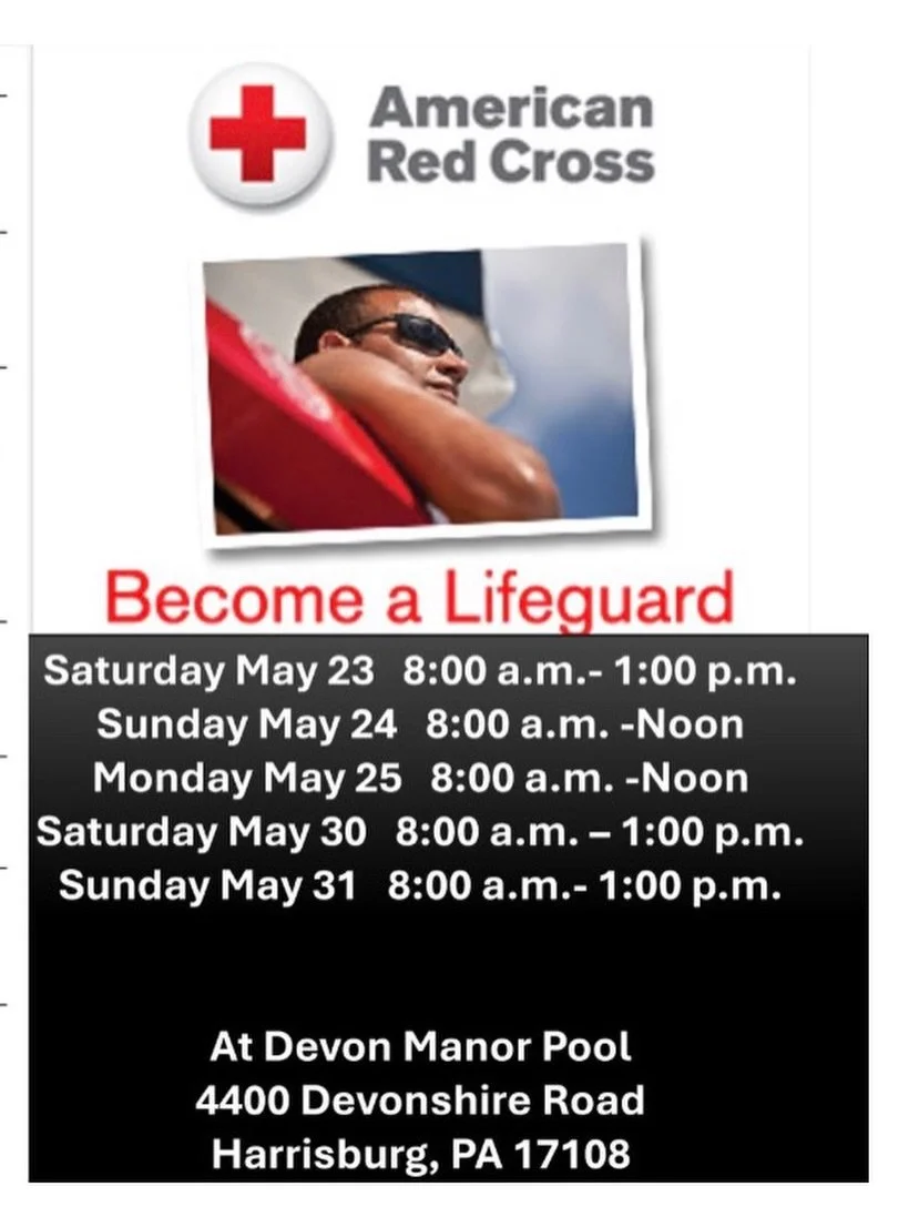 Looking to be Certified to have the best Summer Job in the world?  Space is still left to Register for our Two Weekend Lifeguard Certification at Devon Manor Pool in Harrisburg, PA! 

Spots are filling but there is still space for YOU!

May 23, 24, 2
