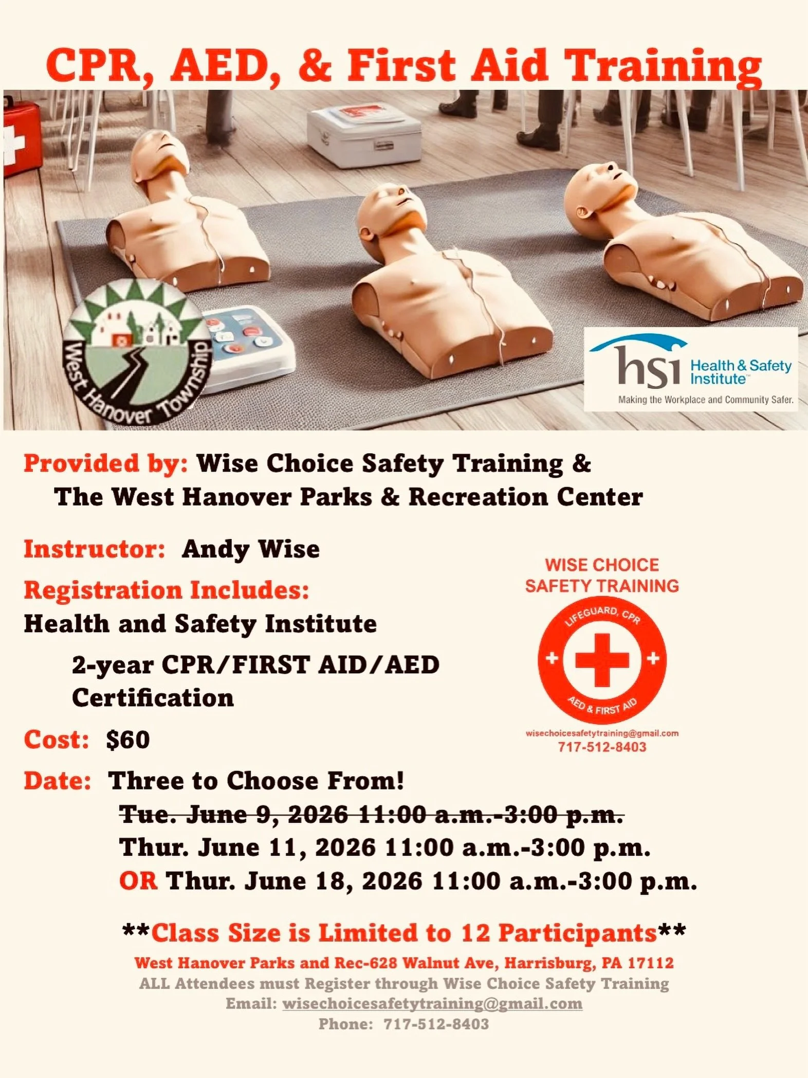 🚨 June CPR Trainings are Almost FULL! 🚨

A huge THANK YOU to the West Hanover community for the incredible response to our June Health and Safety CPR Training sessions! We are extremely grateful for your commitment to learning lifesaving skills and