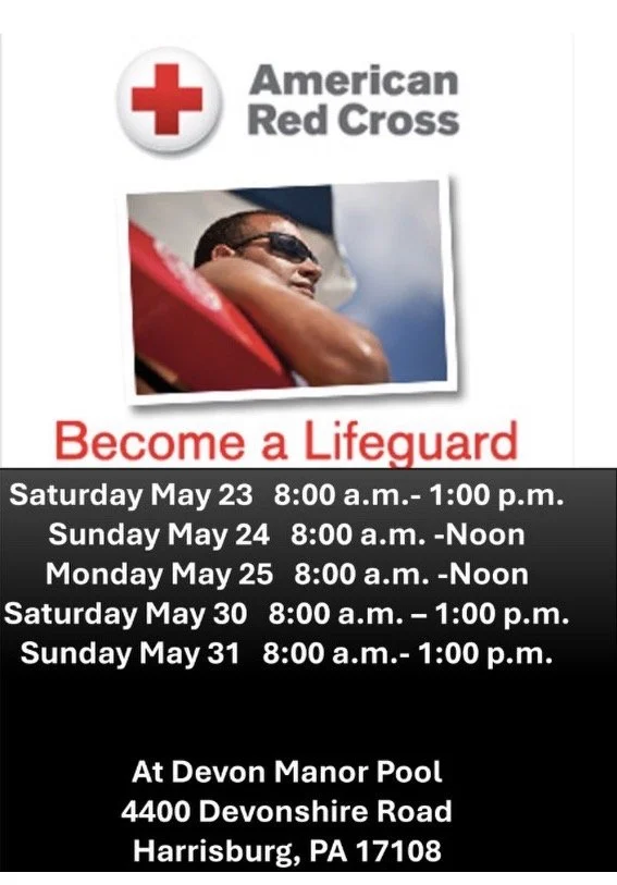 5/23, 24, 25, 30, 31,  Devon Manor Pool Lifeguard--/CPR/AED-BL r.25