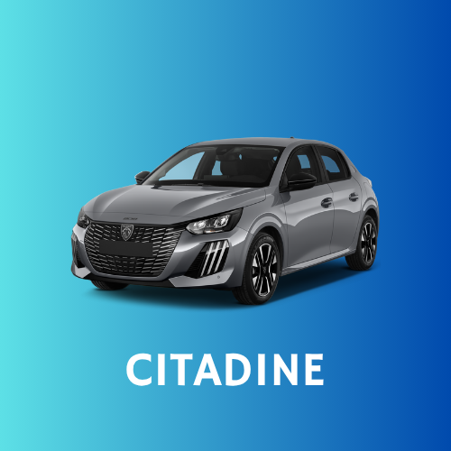 Voiture compacte grise avec le mot 'CITADINE' en dessous, sur un fond dégradé de bleu.