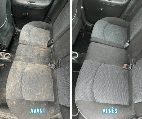 Siège de voiture avant et après nettoyage, montrant un siège sale transformé en un siège propre et fresh.