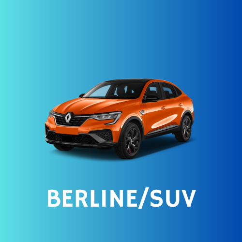Voiture SUV orange modèle Renault sur fond bleu avec texte BERLINE/SUV.