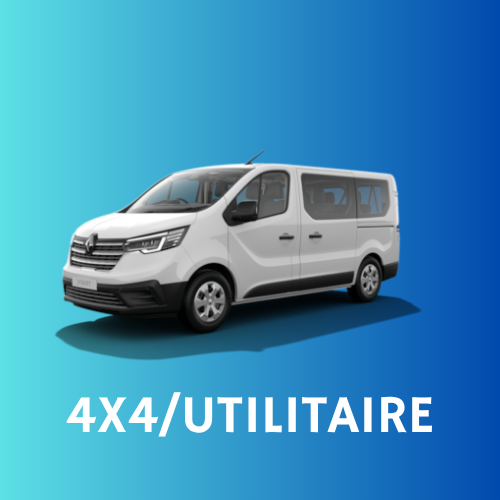 Véhicule utilitaire blanc 4x4 contre un fond bleu dégradé avec texte '4X4/UTILITAIRE'