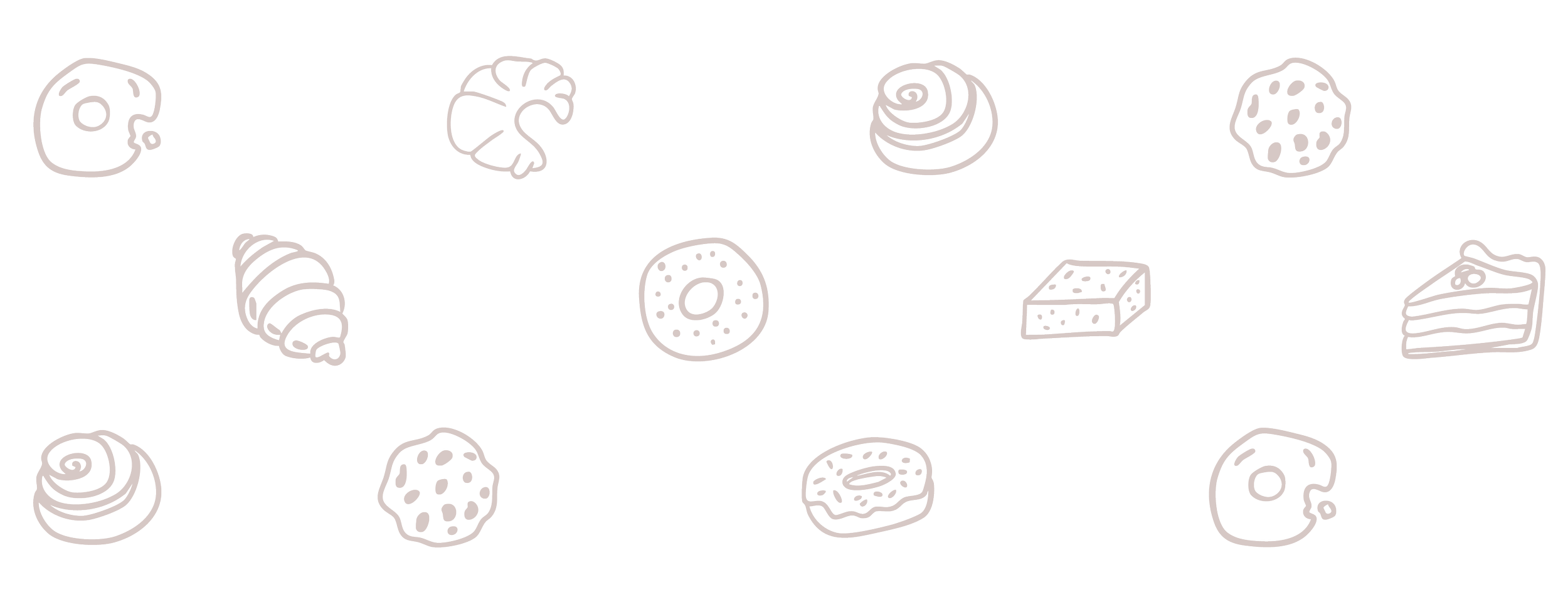 Hand-drawn illustrations of various desserts including donuts, cupcakes, cookies, and cake slices.