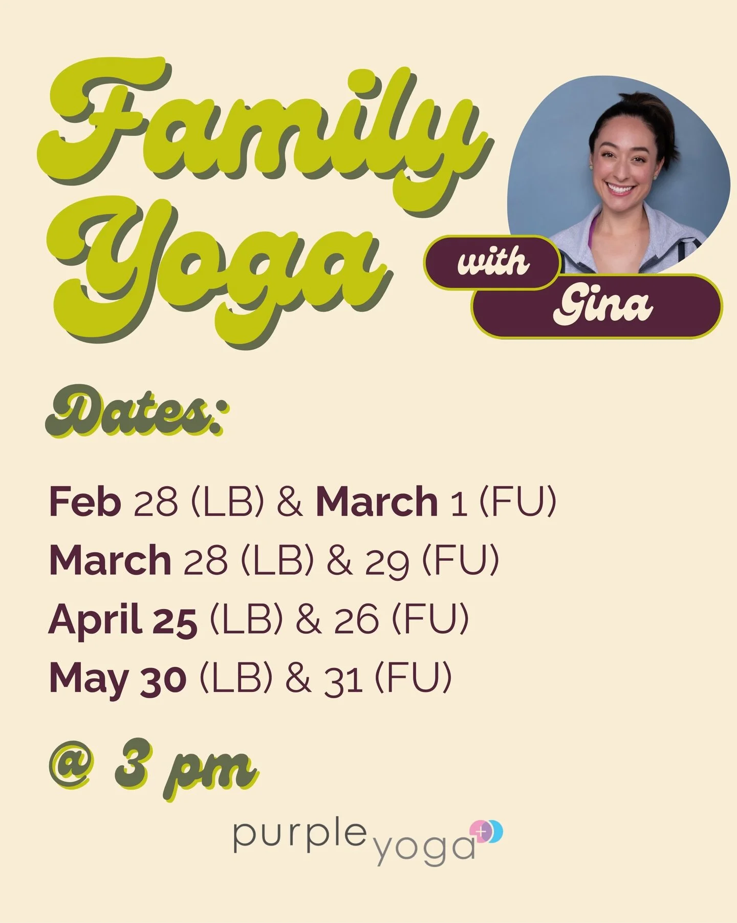 2026 starting off strong with some #FamilyYoga dates at @purple_yoga 🙌🏼 

✨Saturdays at Long Beach (LB) &amp; Sundays at Fullerton (FU)

✨$15/person, members can use their membership 

✨1 hour of mindfulness &amp; movement 

✨Ages 3-12(ish)

✨Careg