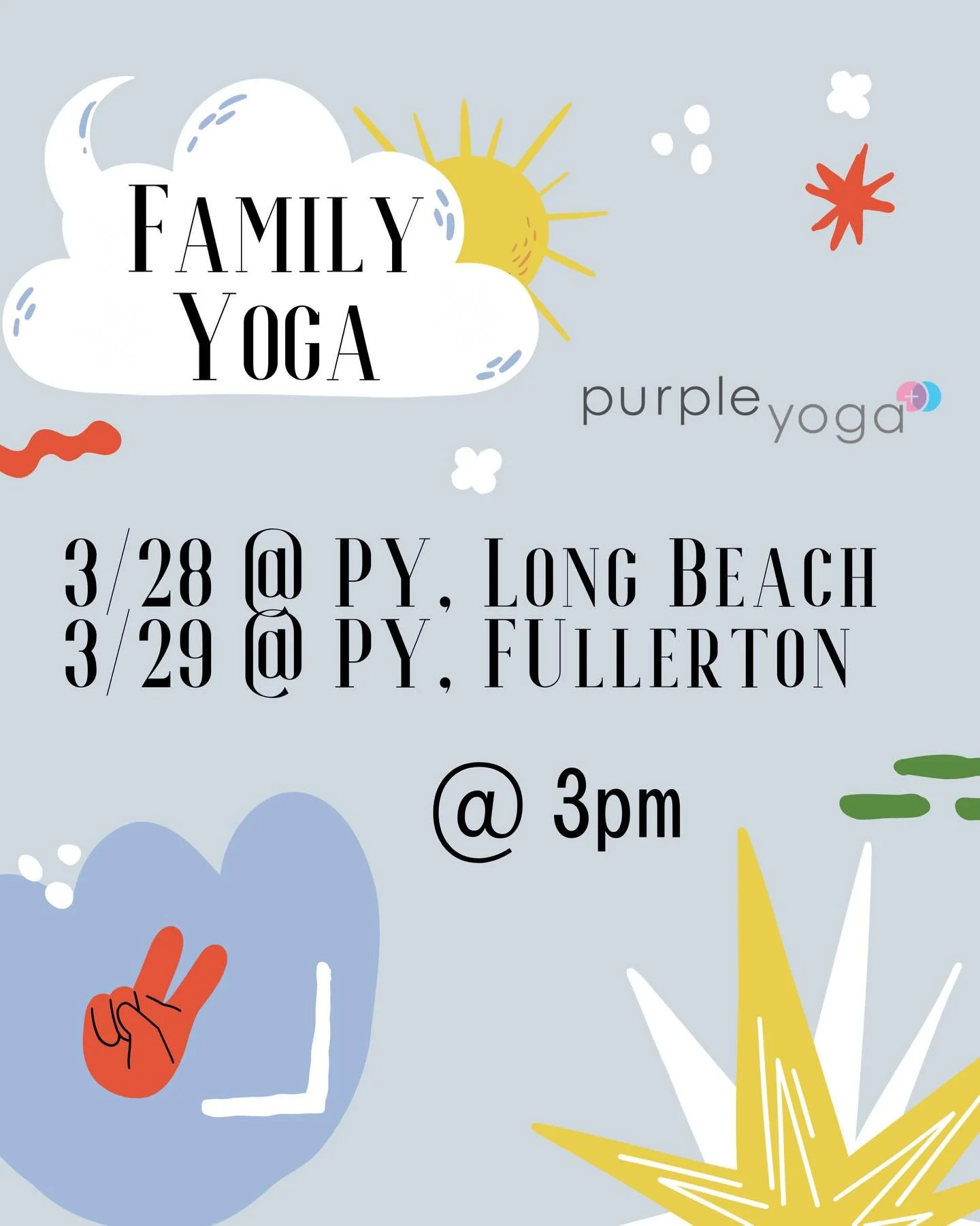 Family Yoga is happening this weekend @purple_yoga 💫

🗓 Saturday 3/28 &mdash; PY, Long Beach 
🗓 Sunday 3/29 &mdash; PY, Fullerton 
⏰ 3:00 PM (both days) 
💲 $15 per person 
🧘&zwj;♀️ Ages 3-12(ish), caregiver(s) required 

Join us for a playful, c