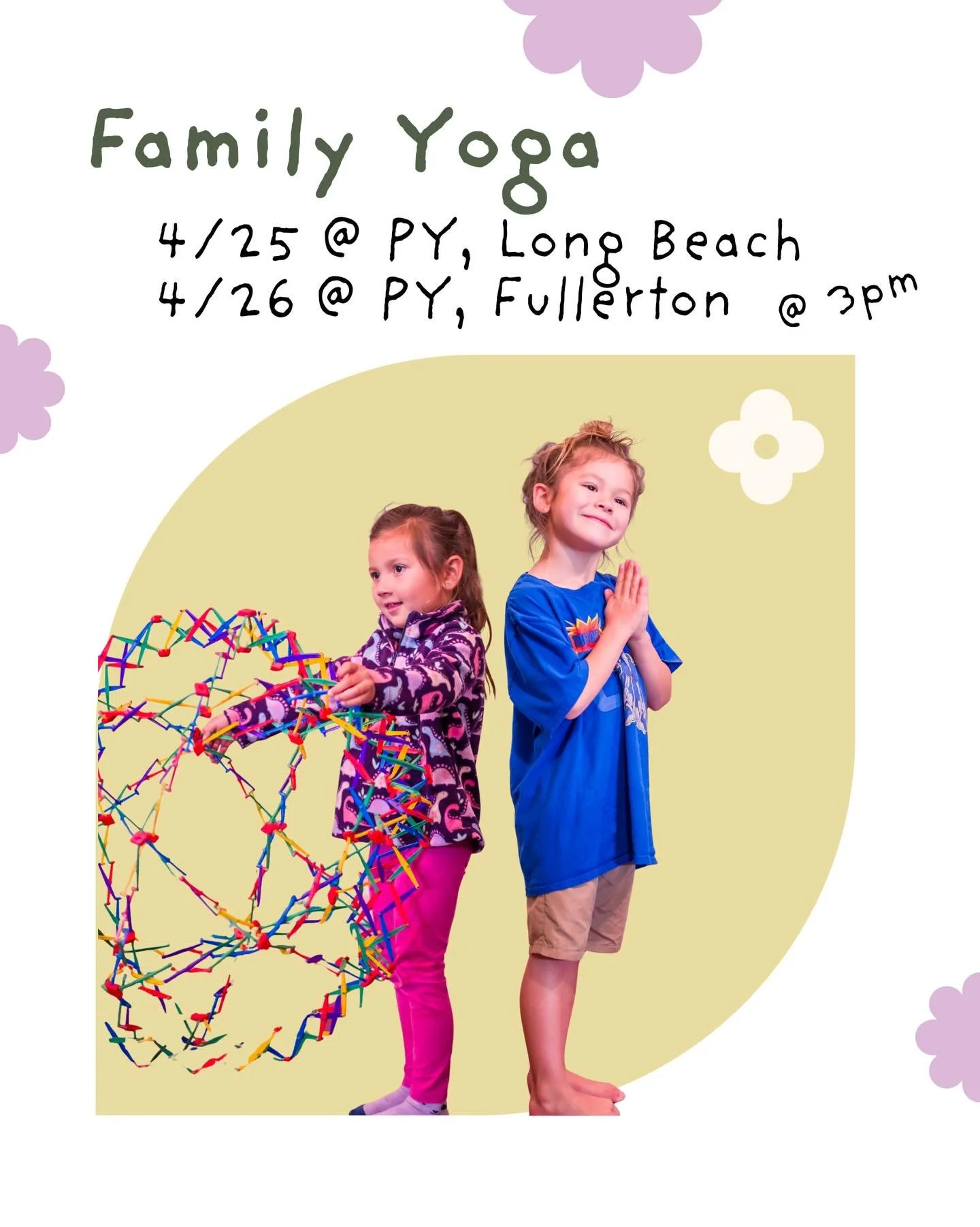 Family Yoga is happening this weekend 💫

🗓 Saturday, April 25 &mdash; Long Beach
🗓 Sunday, April 26 &mdash; Fullerton
⏰ 3:00 PM (both days)
💲 $15 per person
🧘&zwj;♀️ All ages + caregivers welcome

Join us for a playful, connection-filled hour of