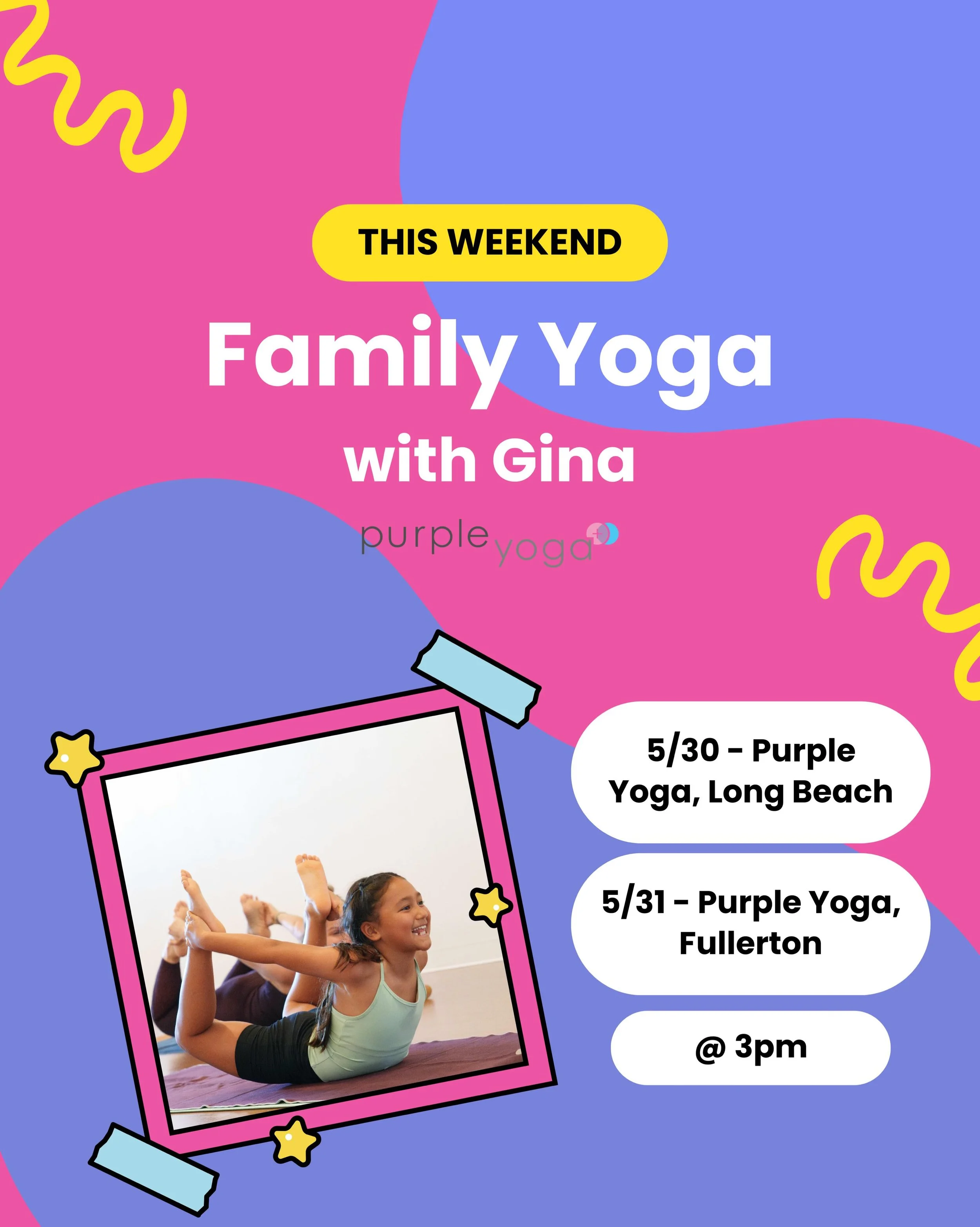 Family Yoga is happening this weekend 💫

🗓 Saturday, May 30 &mdash; PY Long Beach
🗓 Sunday, May 31 &mdash; PY Fullerton
⏰ 3:00 PM (both days)
💲 $15 per person
🧘&zwj;♀️ All ages + caregivers welcome

Join us for a playful, connection-filled hour 