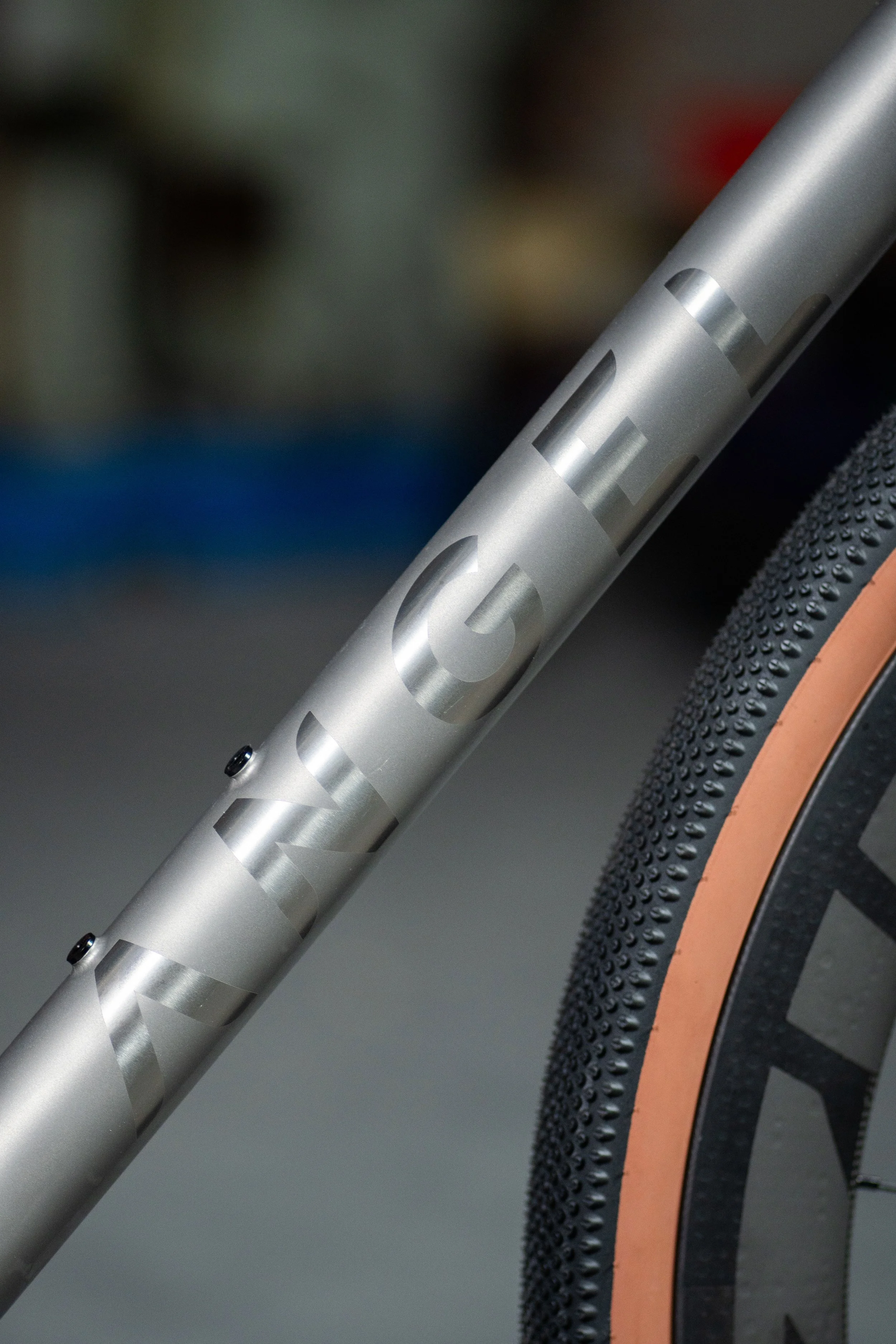 Close-up of a silver bicycle frame with the text 'ONE LIFE' engraved, and part of a black and tan bicycle tire.