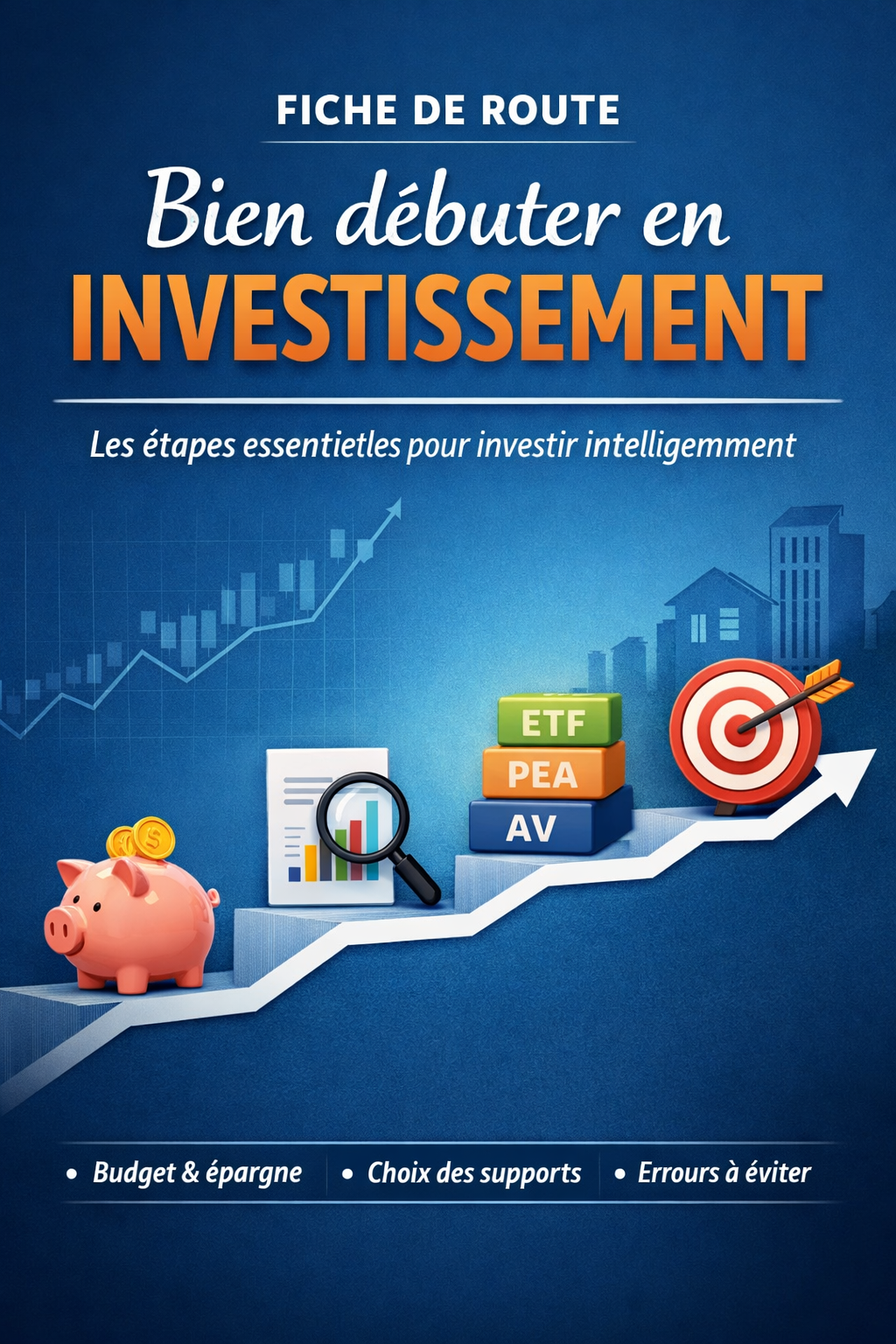 Guide de route sur l'investissement avec un cochon piggy bank, une loupe, des blocs d'investissement (ETF, PEA, AV), un graphique croissant et une cible avec flèche.