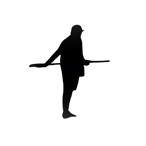 Silhouette of person standing and holding a long stick horizontally. Golf caddie holding the pin, golf flag. Caddie & Co. | Discover exclusive golf trips.