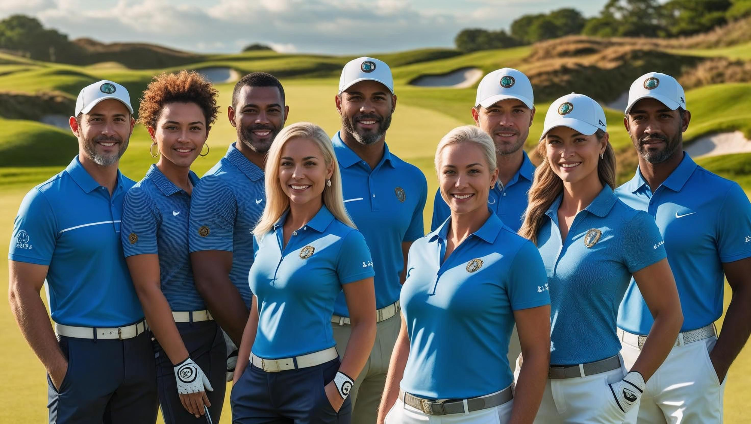 Group of ten people dressed in blue golf apparel, standing on a golf course with rolling hills and sand traps in the background.