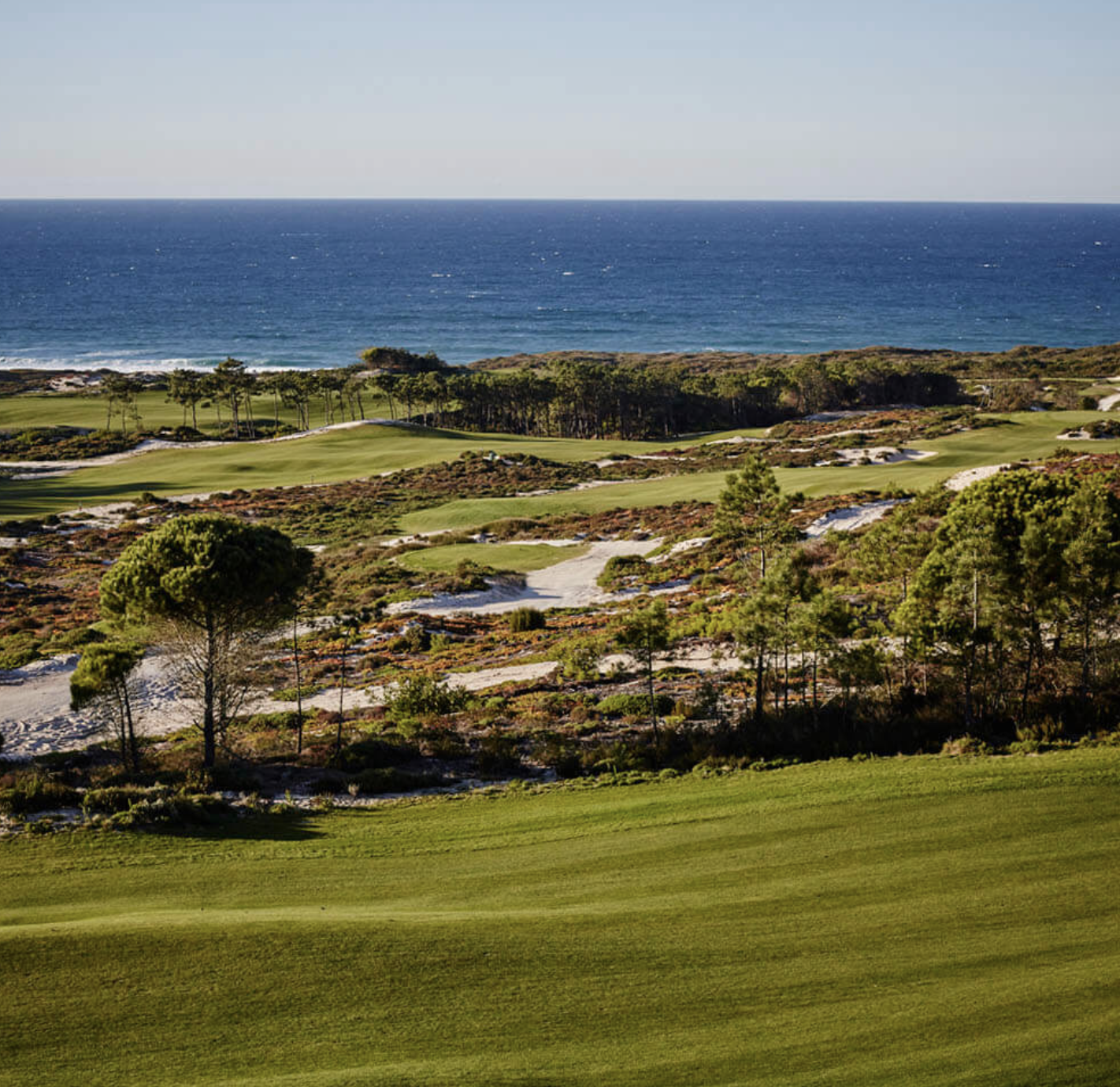 Golf course near the coast during sunset with a view of the ocean and a city skyline in the distance.