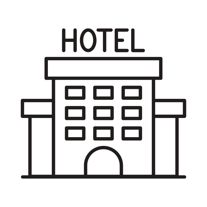 Line drawing of a hotel building with a sign that says 'HOTEL' on top.