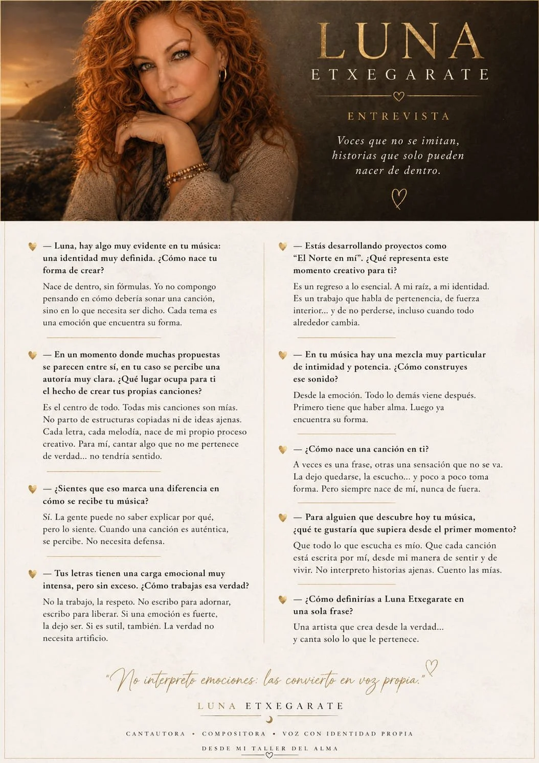 Entrevista con Luna Etxegarae, una mujer de cabello rizado y rubio, con fondo de paisaje al atardecer.