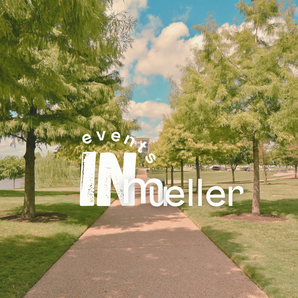 Tree-lined path in Mueller, Austin, Texas, with Events in Mueller branding overlaid.