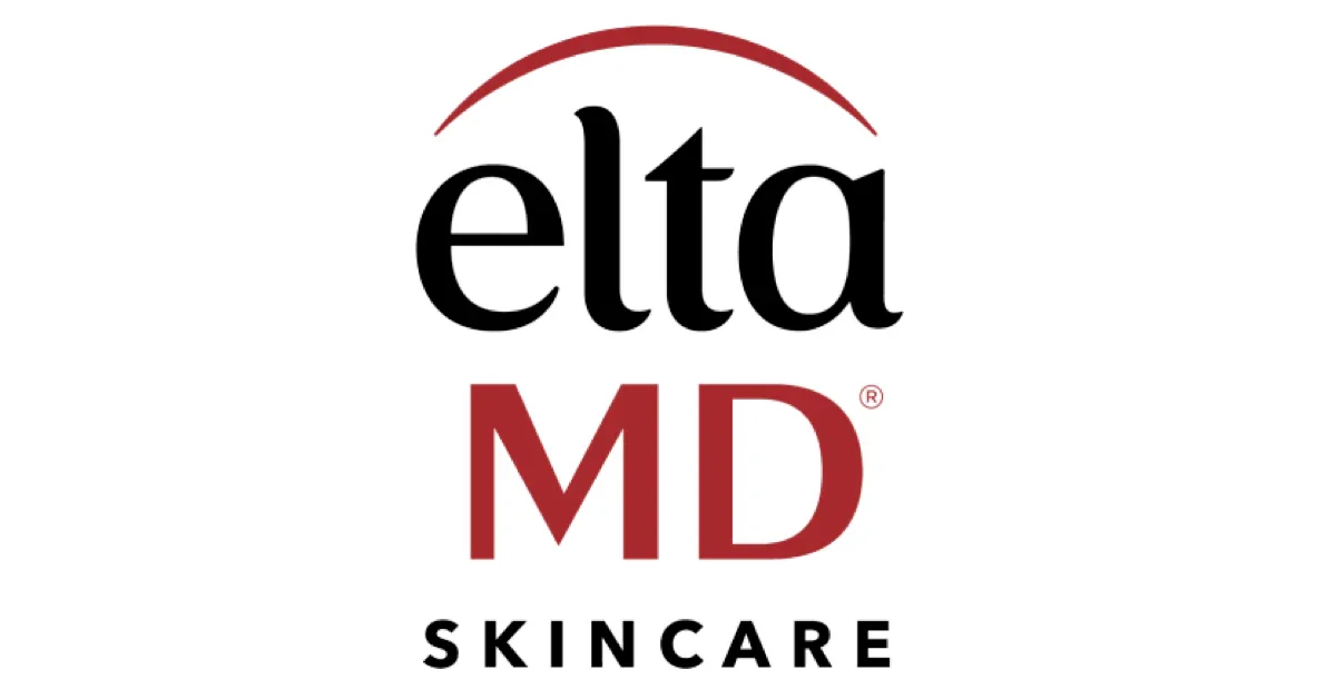 Logo for Elta MD Skincare with black and red text and a curved red line above the brand name.