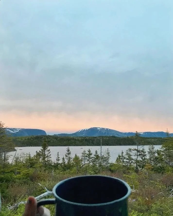 Hand holding a mug with a landscape view of a lake, forest, and mountains at sunrise or sunset.