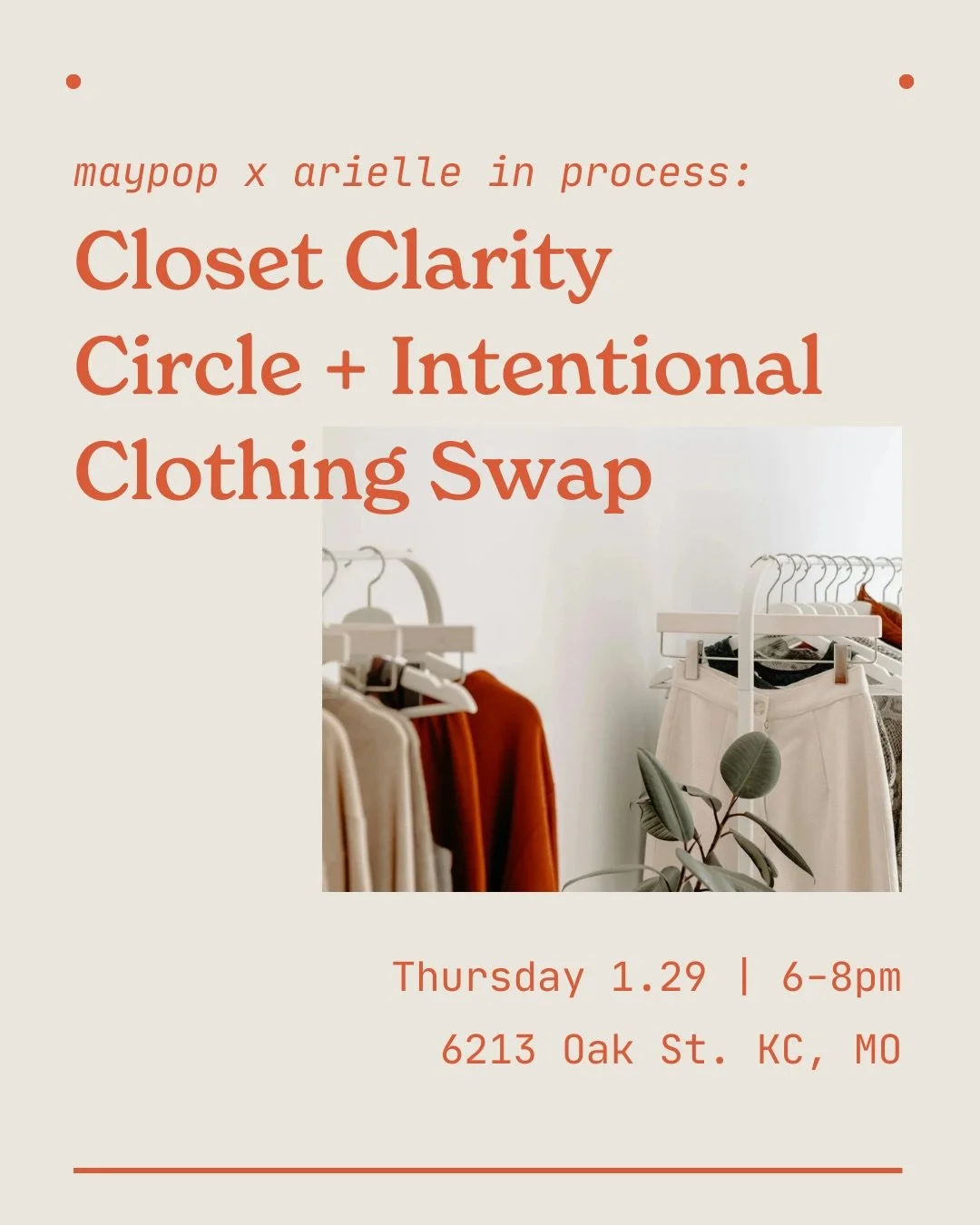 KC friends, I&rsquo;m so excited to share this with you&hellip;

On Thursday, January 29, I&rsquo;m hosting a Closet Clarity Circle + Intentional Clothing Swap with @maypopstudio!

Join us for a warm, community-centered evening designed to help you r