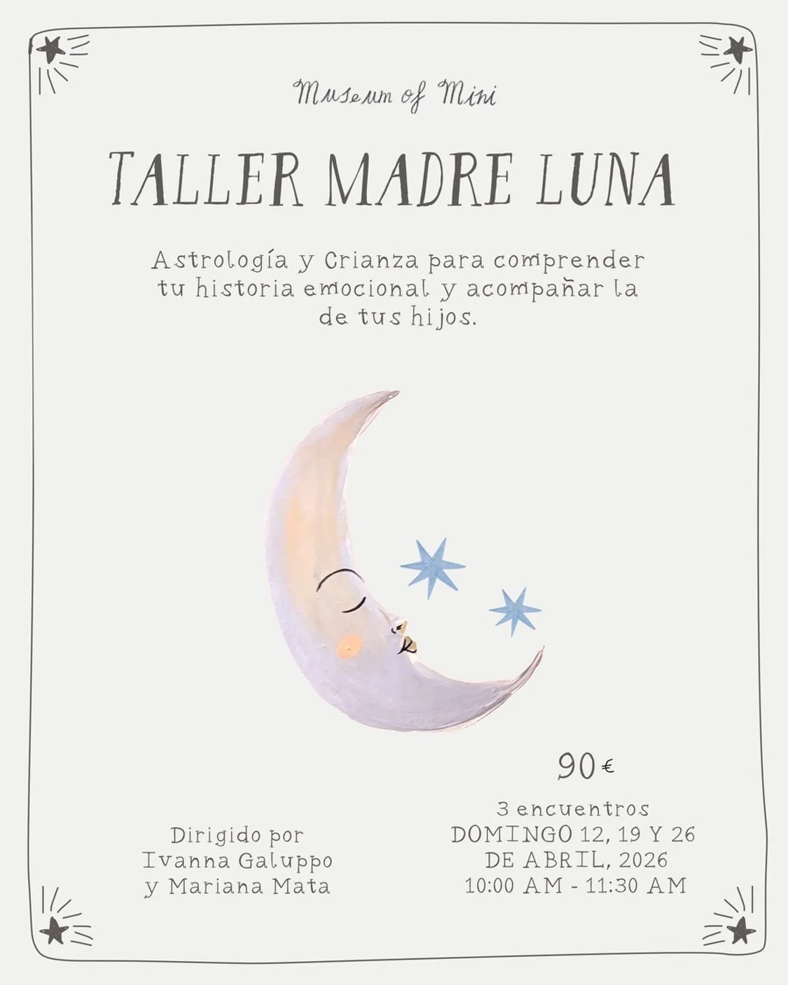 🌜NUEVA FECHA🌛

Nos encontraremos 3 domingos de abril: 12, 19, y 26. Puedes venir a los 3 encuentros o tambi&eacute;n de manera individual.

La idea de este taller es fusionar Astrolog&iacute;a y Crianza y profundizar en La Luna como elemento que no