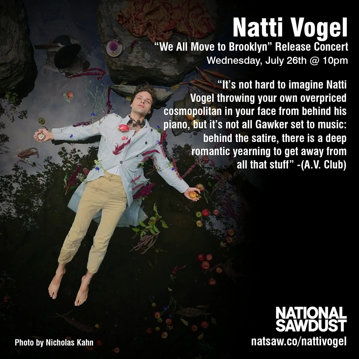 A man lying on the ground with his arms spread out, surrounded by rocks and floating plants, with a dark body of water reflecting the sky. The image contains promotional text for Natti Vogel's concert and quote about the artist.