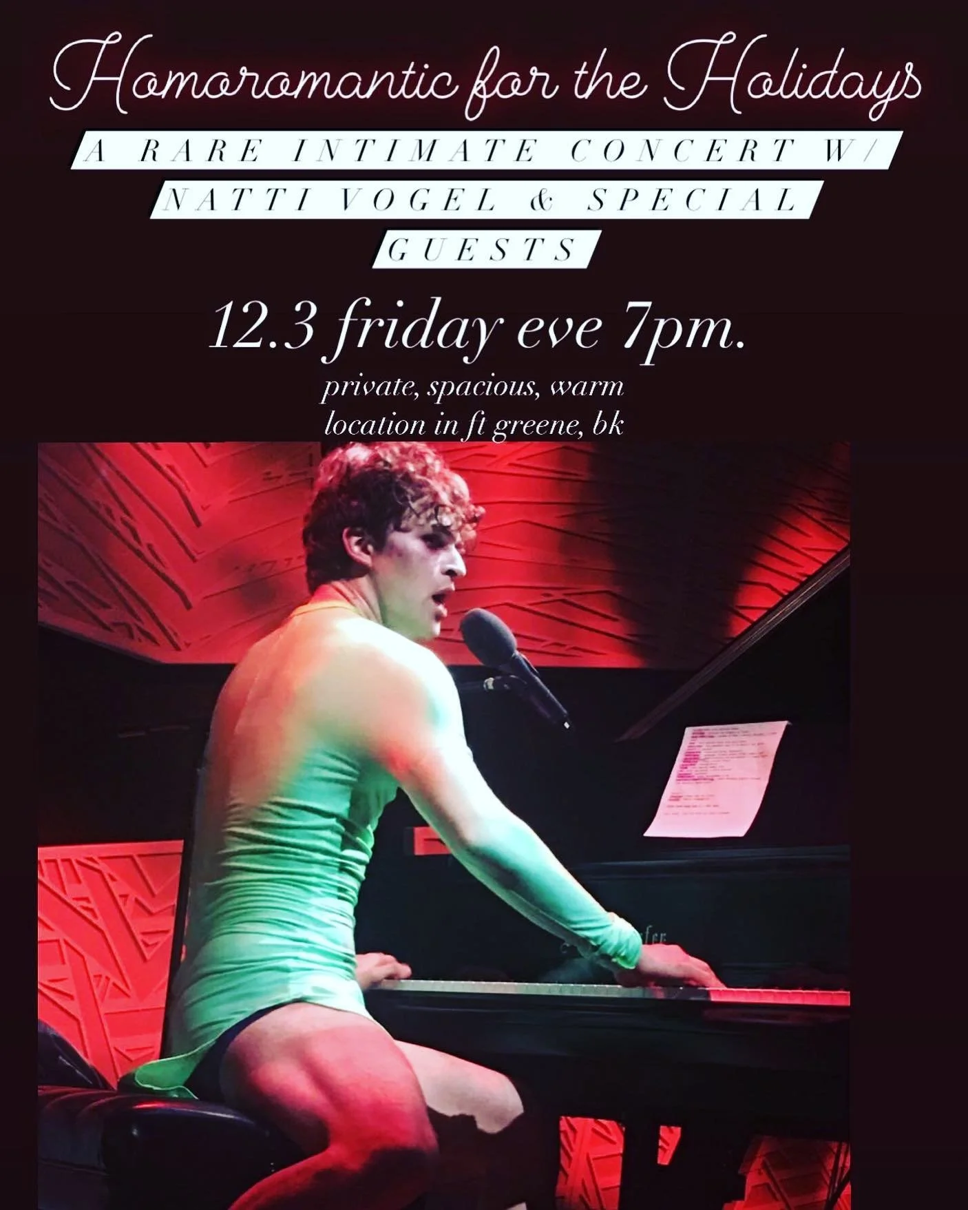 A promotional poster for a holiday concert featuring Natti Vogel. The poster shows a young man with curly hair playing a grand piano, with colorful lighting on his arm and back, and red patterned background. The event is scheduled for December 3rd at