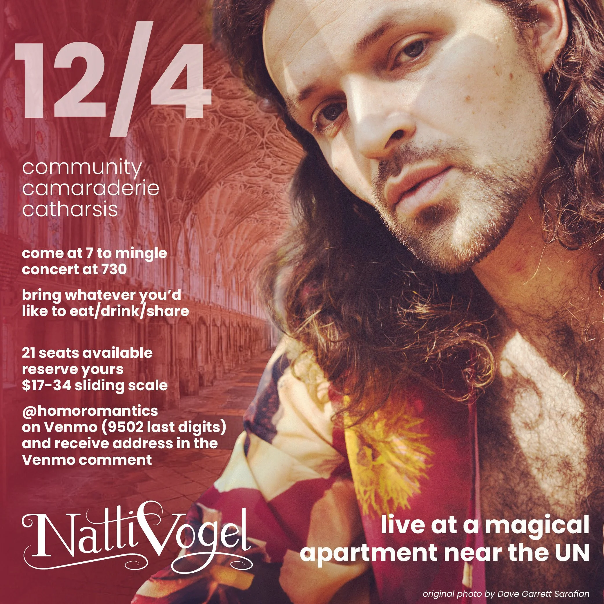 Close-up of Natti Vogel with long, curly dark hair and a beard, wearing a colorful patterned jacket, with text overlay about a community event and live performance by Natti Vogel at a location near the UN.