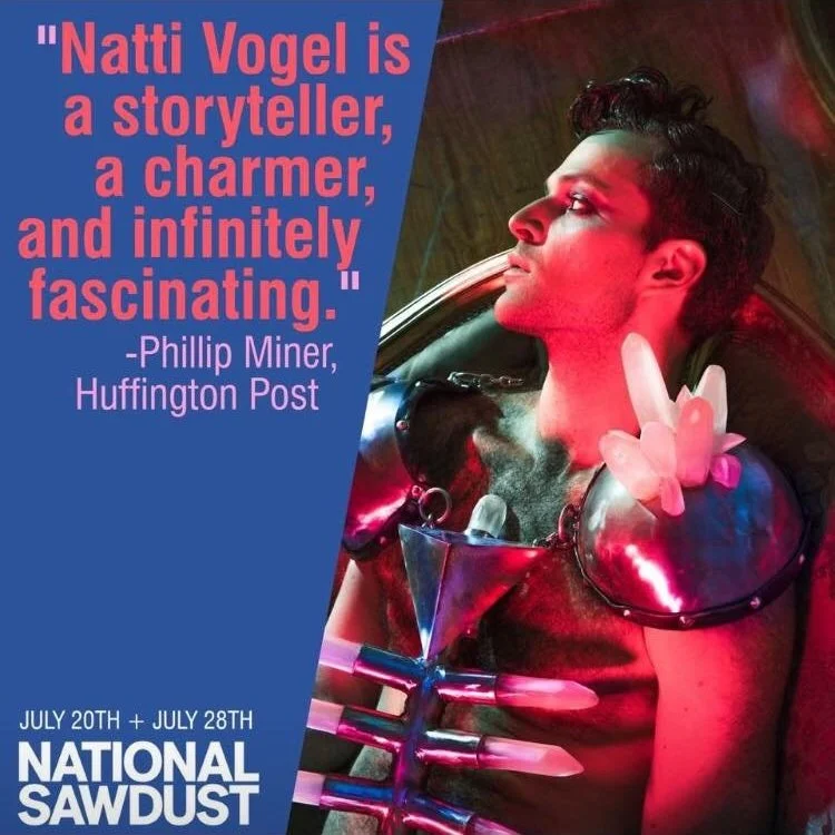 Natti Vogel with makeup, wearing avant-garde metallic fashion accessories, reclining against a dark background with red and pink lighting, alongside a quote about Natti Vogel from HuffPo.