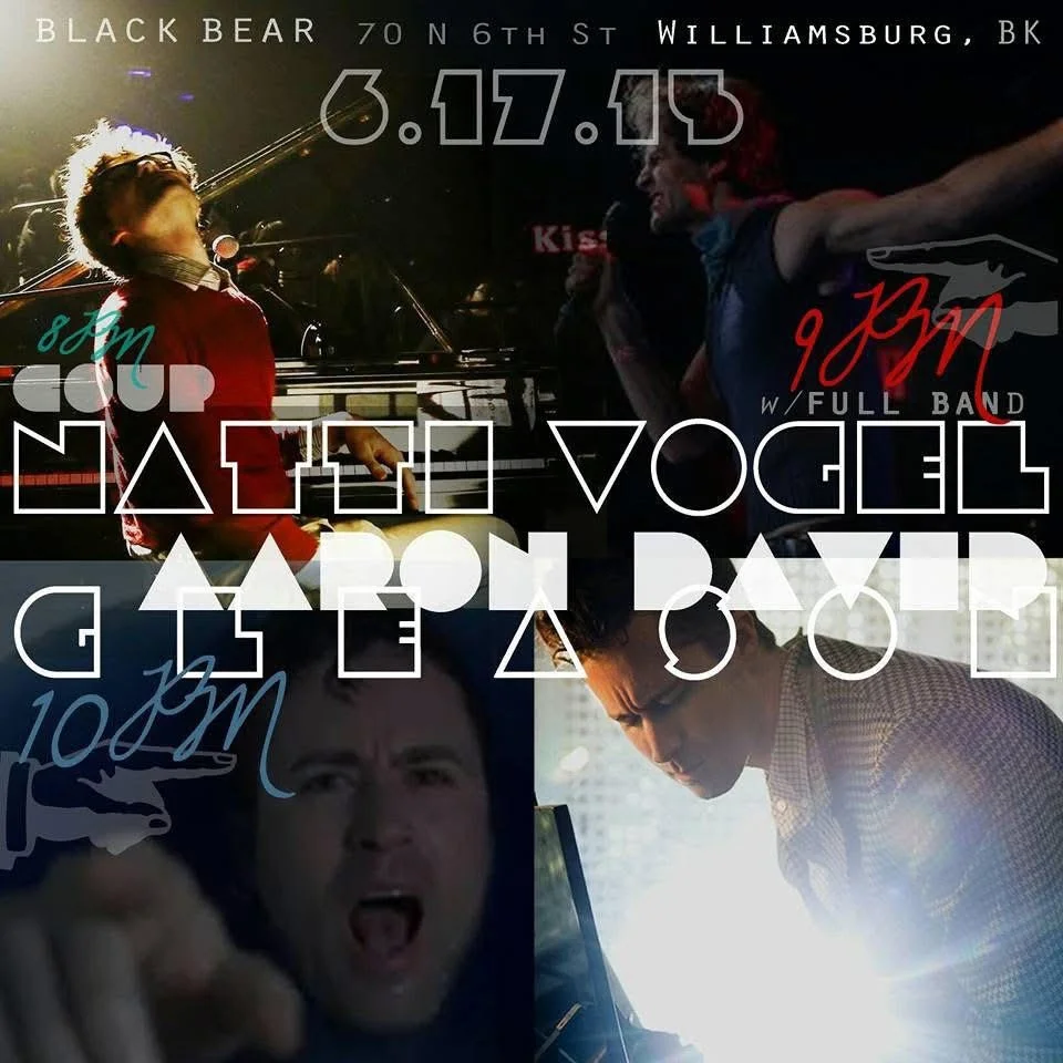 A collage of four musicians performing at Black Bear venue in Williamsburg, Kentucky, with various texts and annotations overlaid, including event details and times.