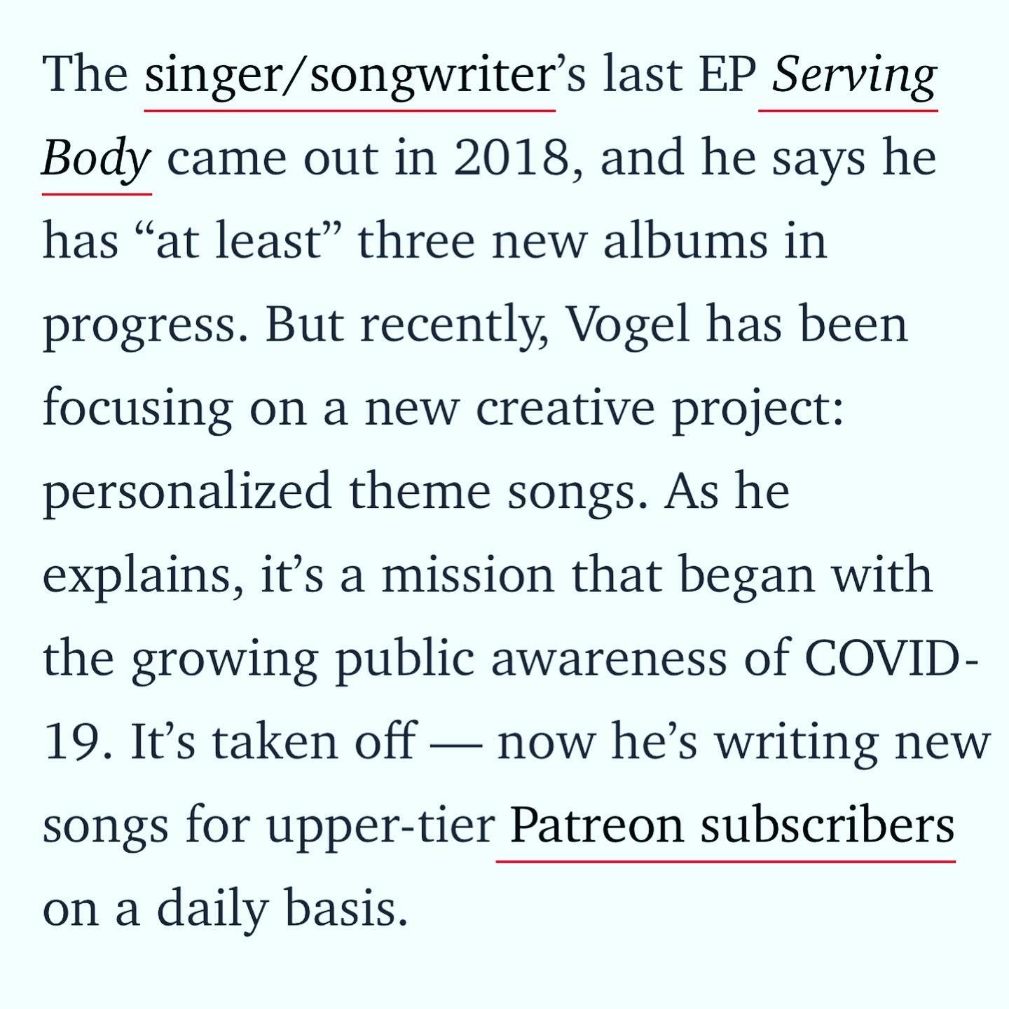 Text discussing the singer/ songwriter's last EP and recent creative projects, including personalized theme songs for Patreon subscribers. Screenshot from Shondaland article. 