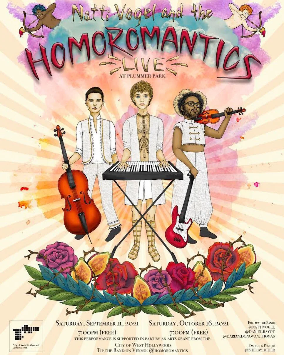 Illustration promoting a live music event featuring Natti Vogel and the Homoromantics. The illustration shows three band members with musical instruments: a cellist, a keyboardist, and a violinist, surrounded by colorful flowers and pink rays.