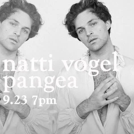 Black and white promotional poster featuring Natti with curly hair, promoting a performance by Natti Vogel and Pangea on September 23rd at 7 pm.
