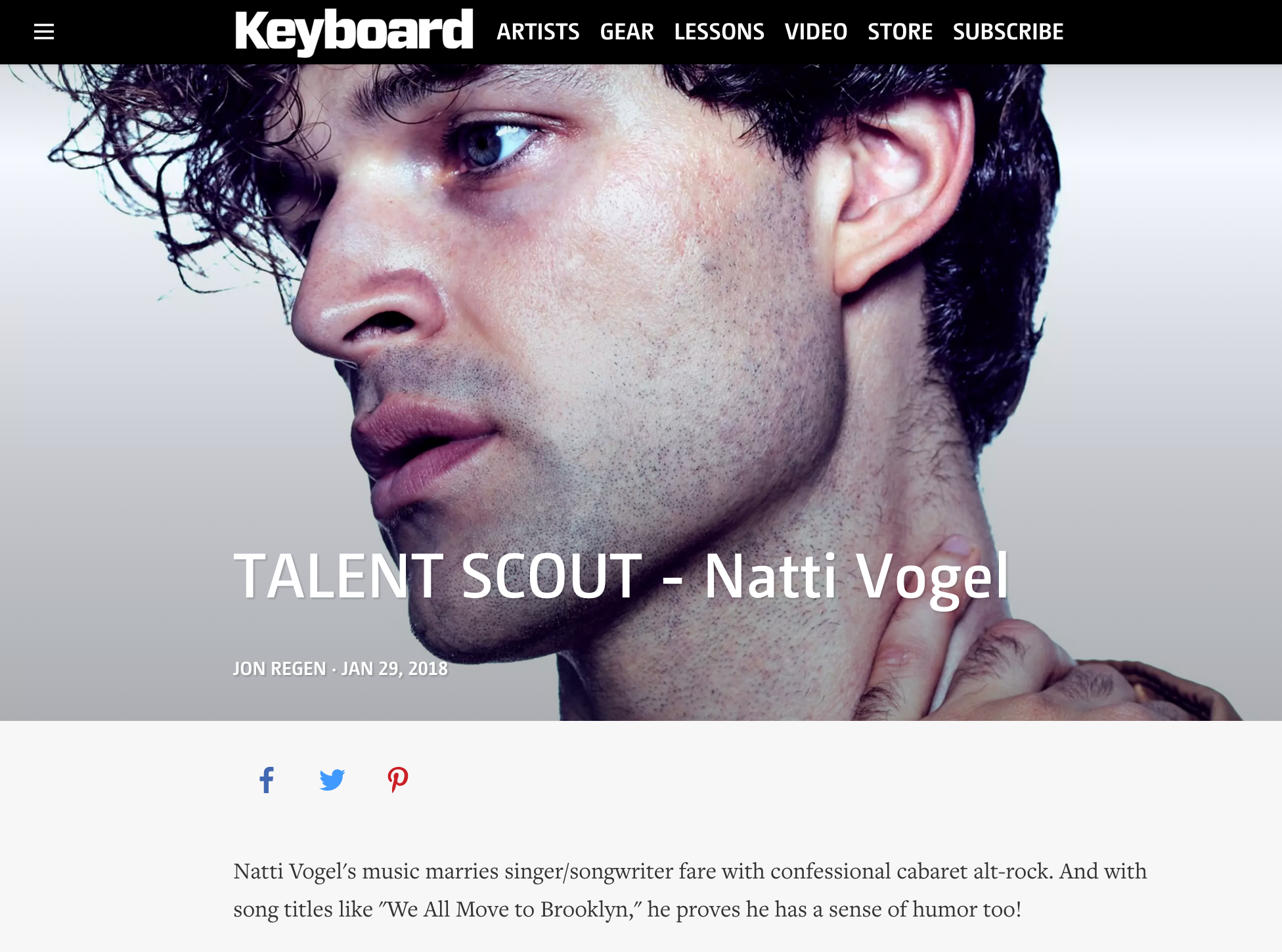 Close-up of musician Natti Vogel with curly dark hair, blue eyes, and fair skin, looking to the side, touching his neck, on a website page titled 'Talent Scout - Natti Vogel'.