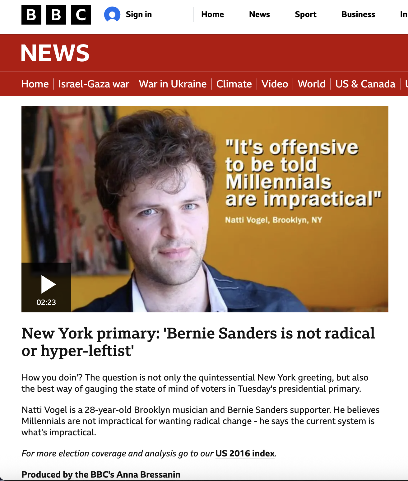 Screenshot of a BBC news webpage featuring a video of Natti Vogel, a Brooklyn musician, with a quote