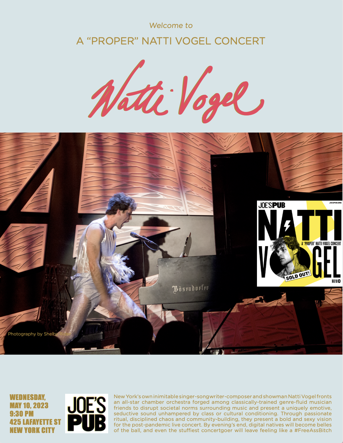 Poster for Natti Vogel concert at Joe's Pub in New York City, featuring a photo of the performer at the piano, with event details and a brief description of Vogel's musical style and performance.