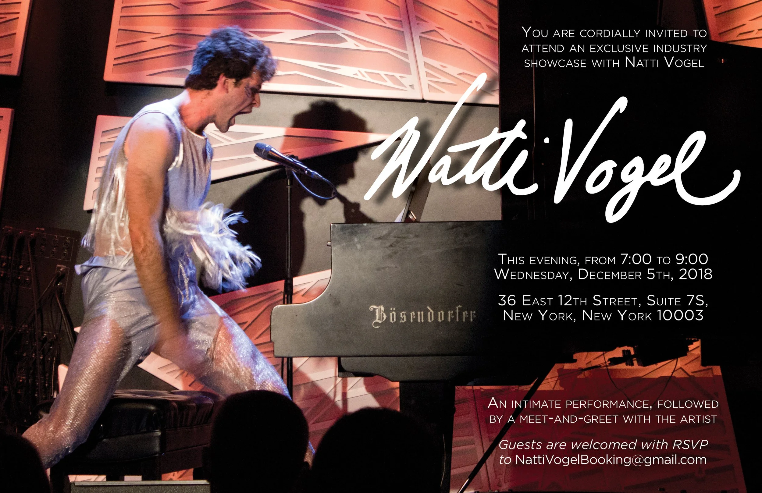 Invitation to a performance by Natti Vogel featuring an artist singing passionately at a piano, wearing shiny, metallic, and feathered clothing, with event details including date, time, and location.