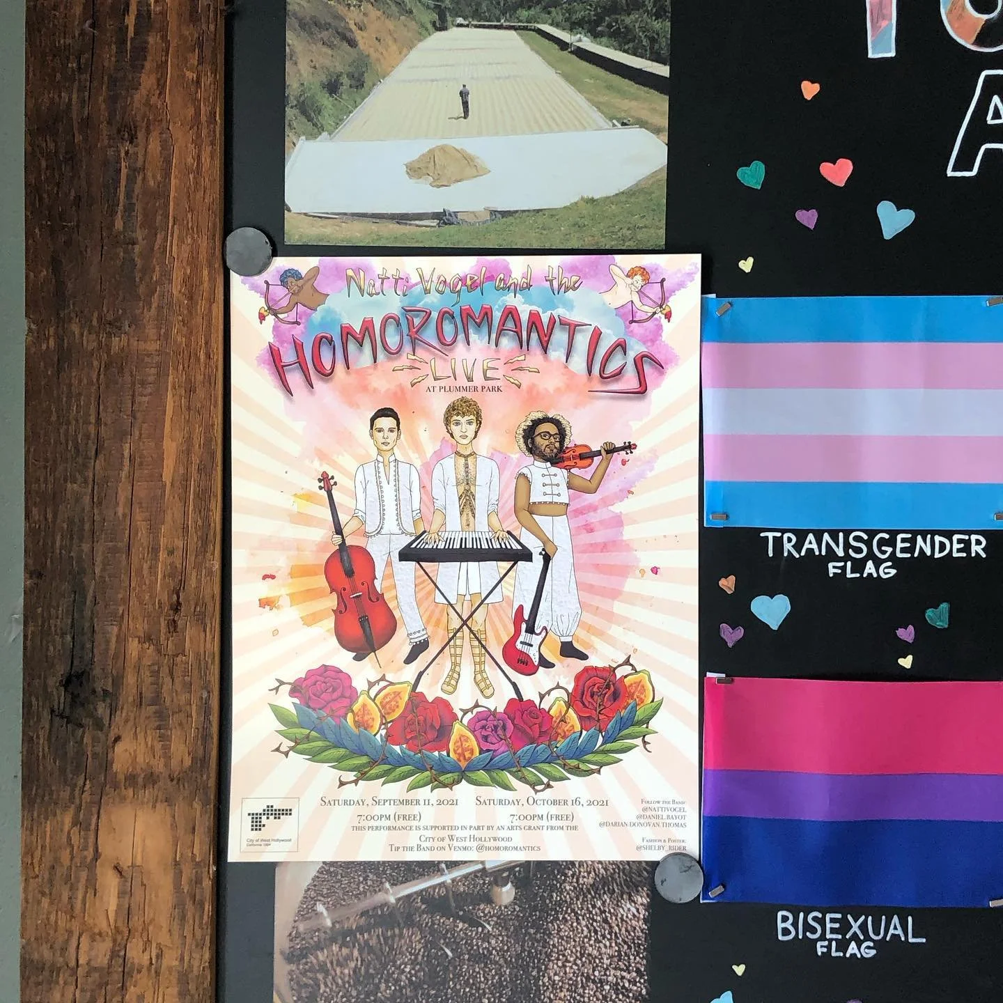 Poster advertising 'Natti Vogel and the Homomantics Live at Plummer Park' with illustrations of three band members, musical instruments, decorated with roses and colorful backgrounds. Dates listed are September 11, 2021, and October 16, 2021, with de