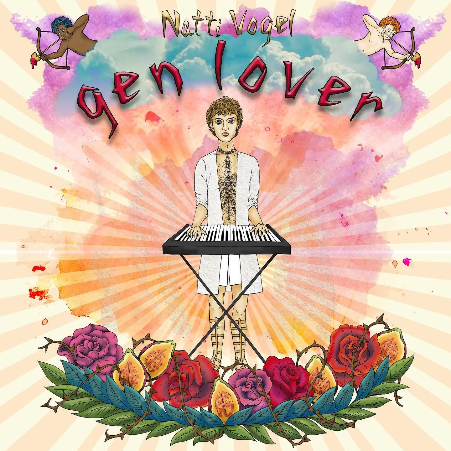 Album cover art with illustration of Natti Vogel standing behind a keyboard, surrounded by colorful flowers, with a background of pink and purple clouds and radiating lines. The text on the cover reads 'Natti Vogel - gen lover'.