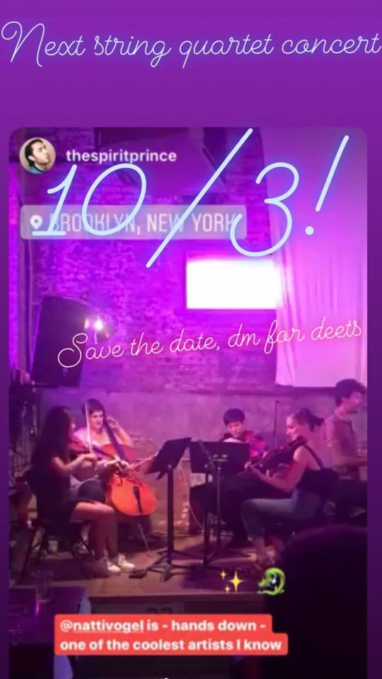 A promotional poster for a string quartet concert with a purple background, event date '10/3', and a photo of four musicians with string instruments performing on stage.