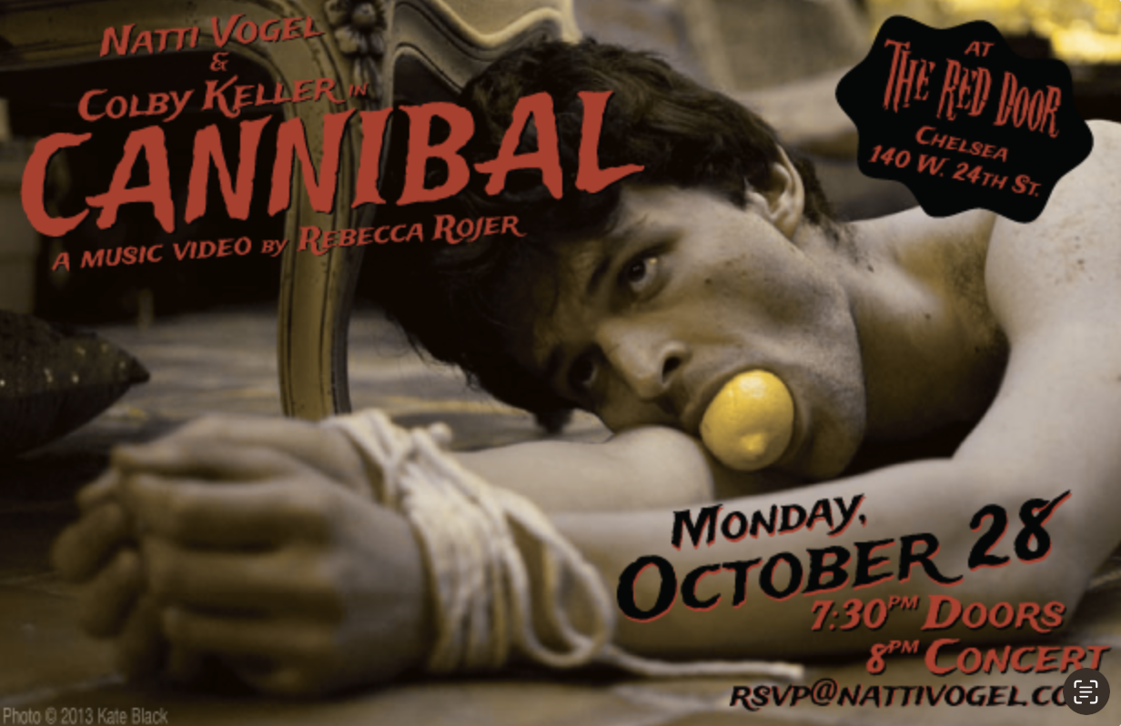 A promotional poster for a music video titled 'Cannibal' featuring a young man lying on the floor with a lemon in his mouth. The event takes place at The Red Door in Chelsea on October 28, with doors opening at 7:30 PM and the concert starting at 8 P