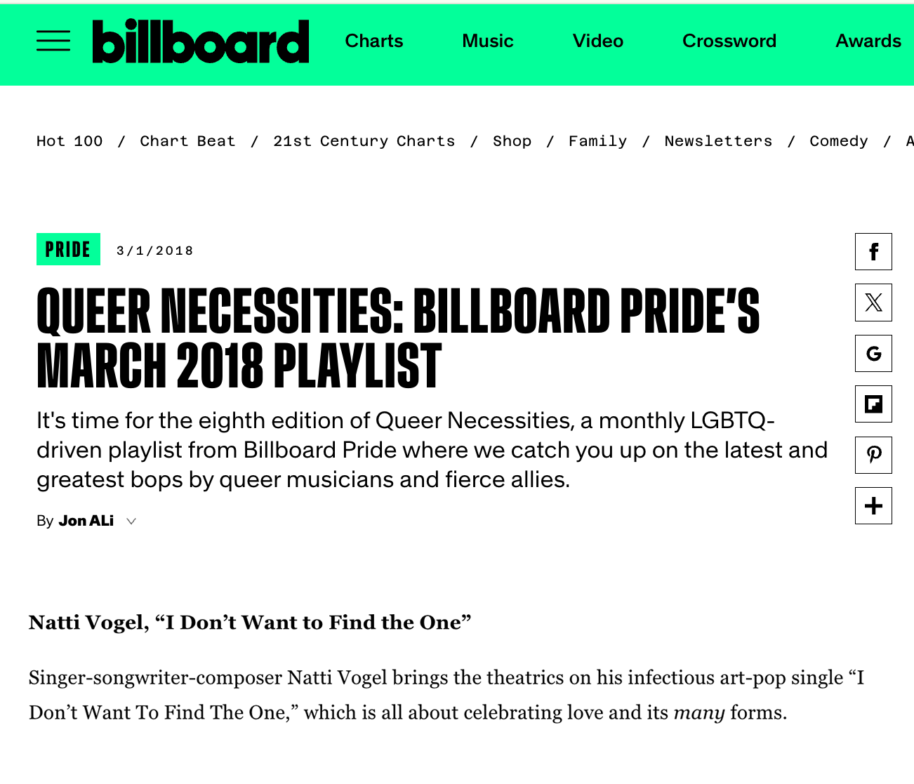 Screenshot of Billboard website featuring an article titled 'Queer Necessities: Billboard Pride's March 2018 Playlist' with June 3, 2018 date, under the Pride section. The article discusses a playlist celebrating LGBTQ+ artists, starting with Natti V