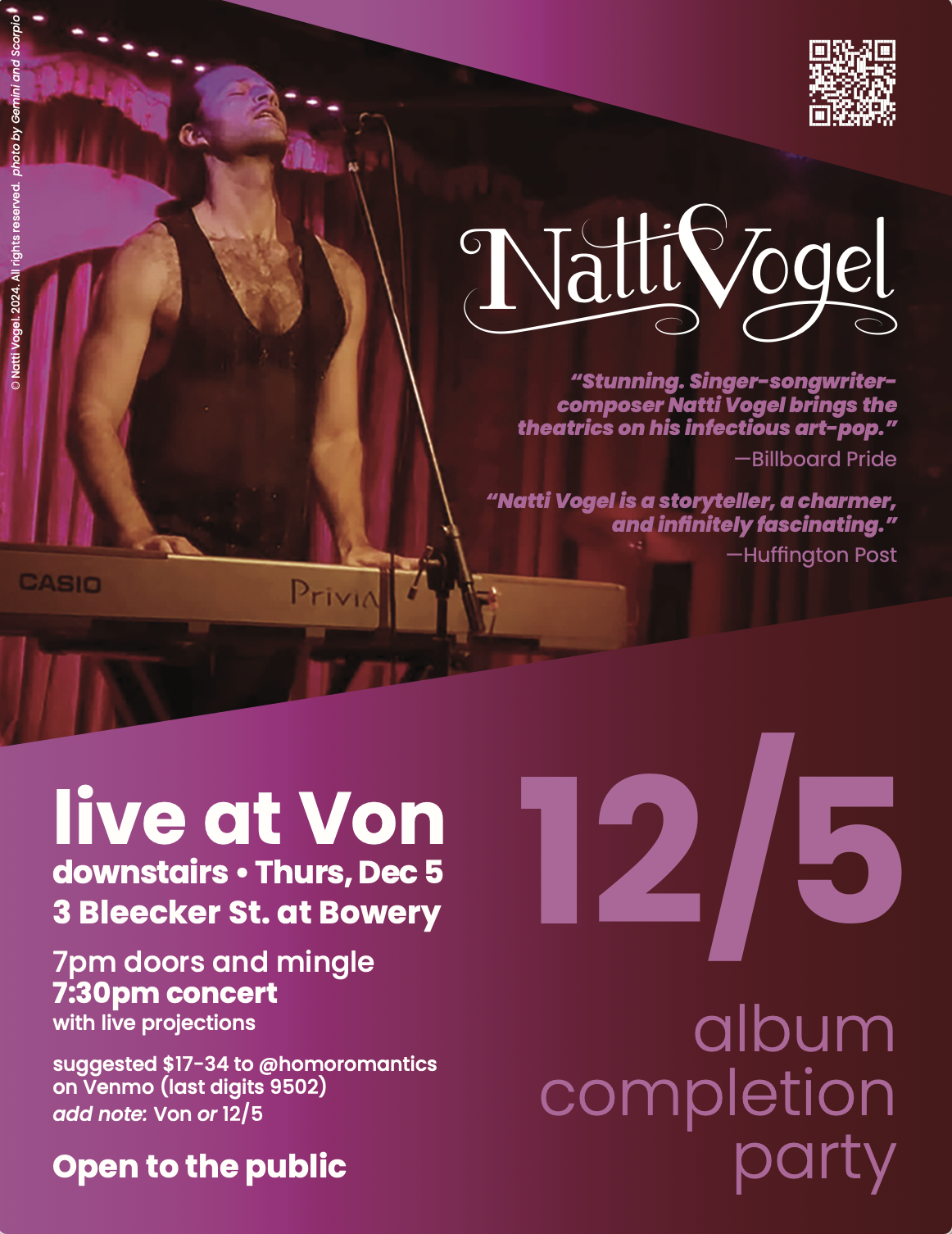 Poster featuring Natti Vogel performing on stage with a keyboard, red curtains in the background, purple and pink color scheme, and event details for a live album completion party at Von on December 5.